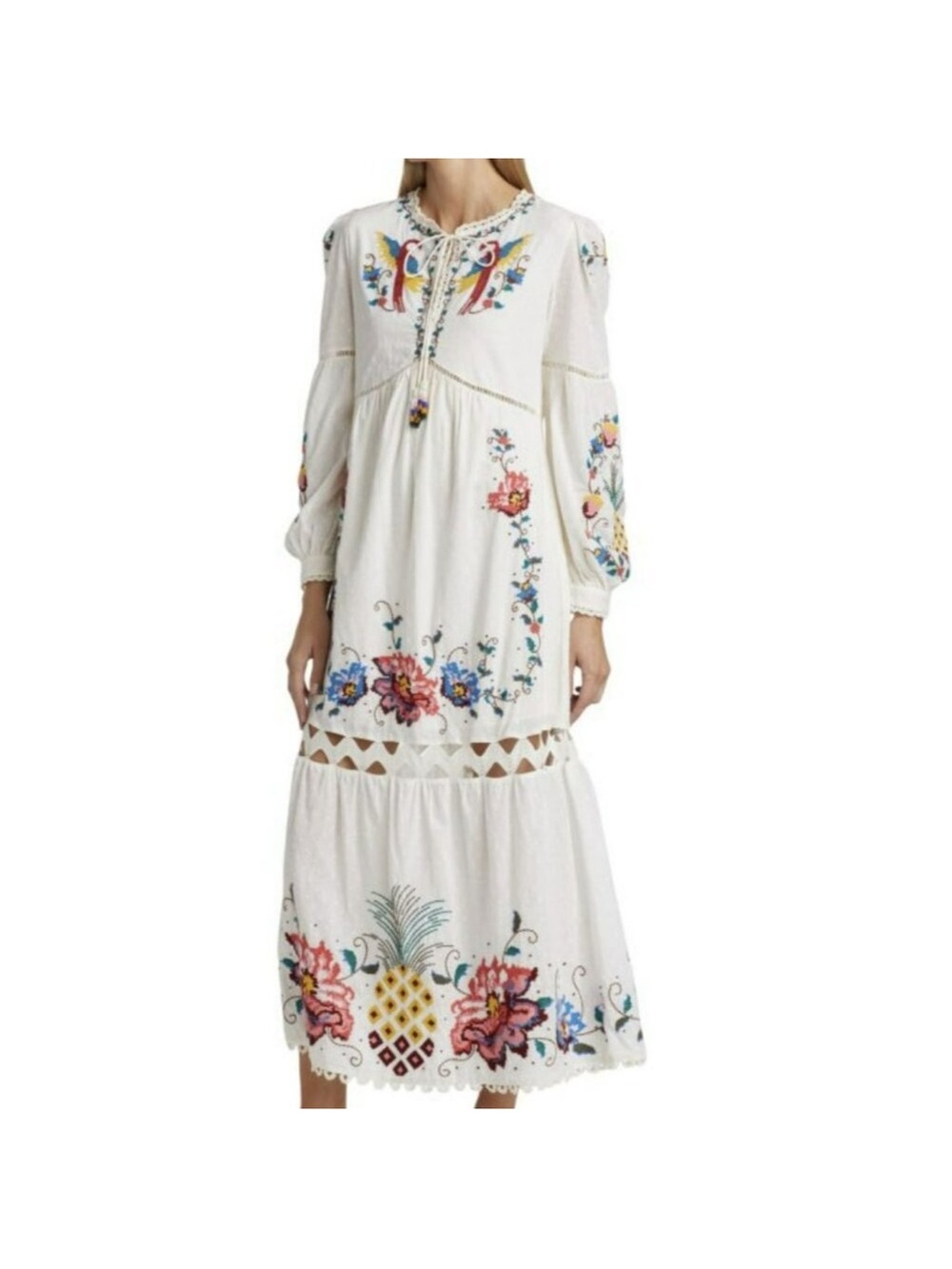 🦜Farm Rio🍍 Macau White Embroidered Maxi Dress gorg flattering & like new